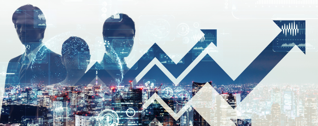 Photo of city overlaid with silhouettes of employees and graph of increased revenues