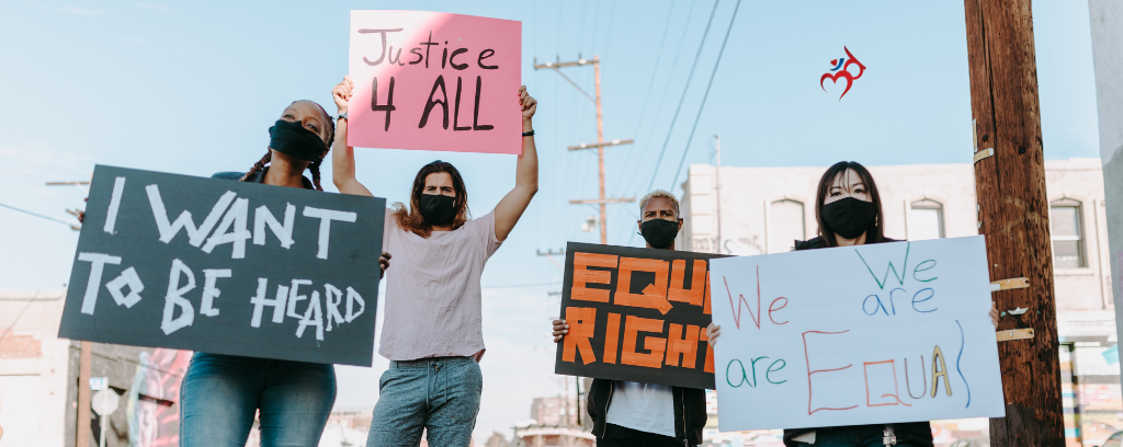 Photo of employees protesting to demand equal rights and justice for all